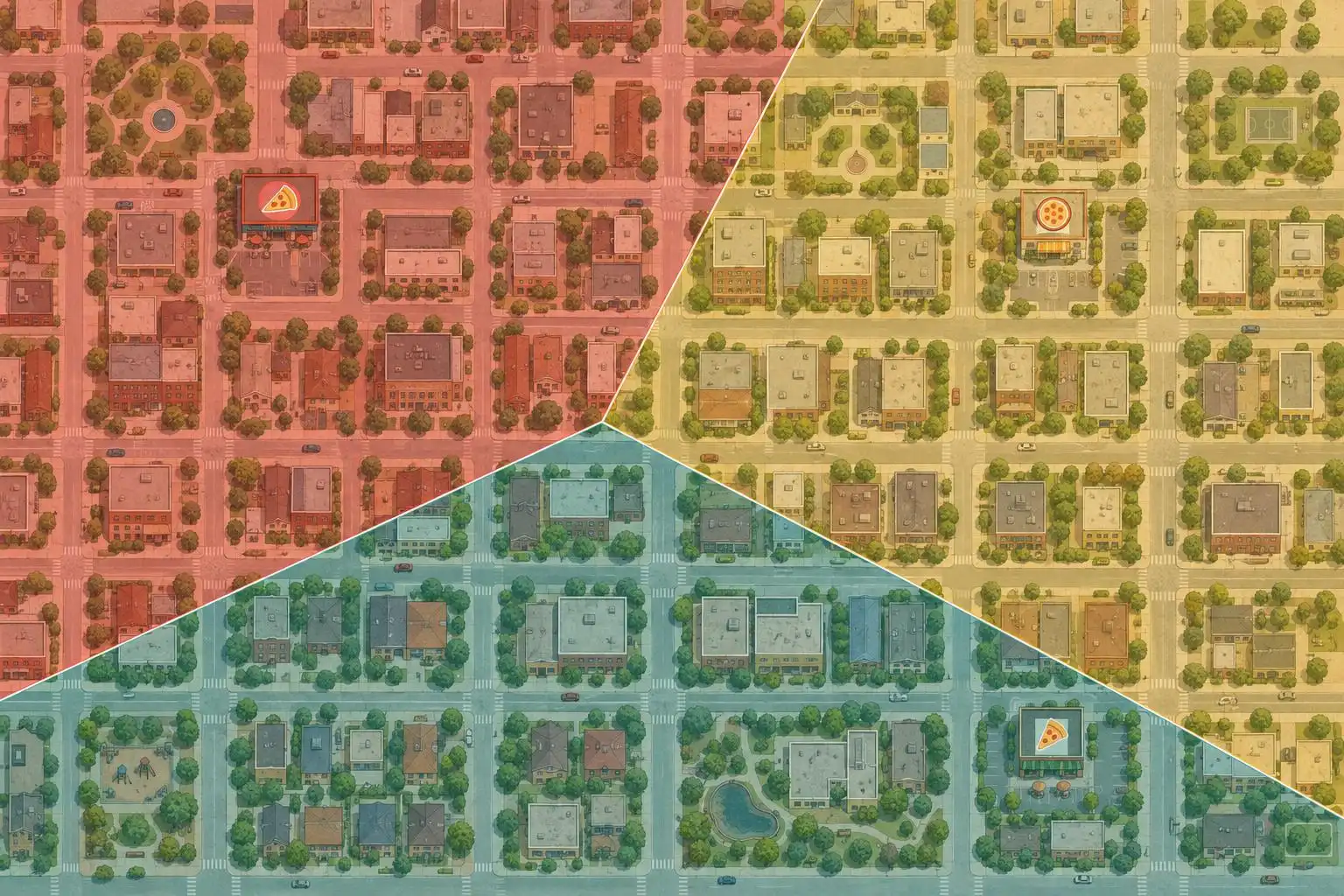 Equal-distance borders divide the map into three nearest-store neighborhoods.